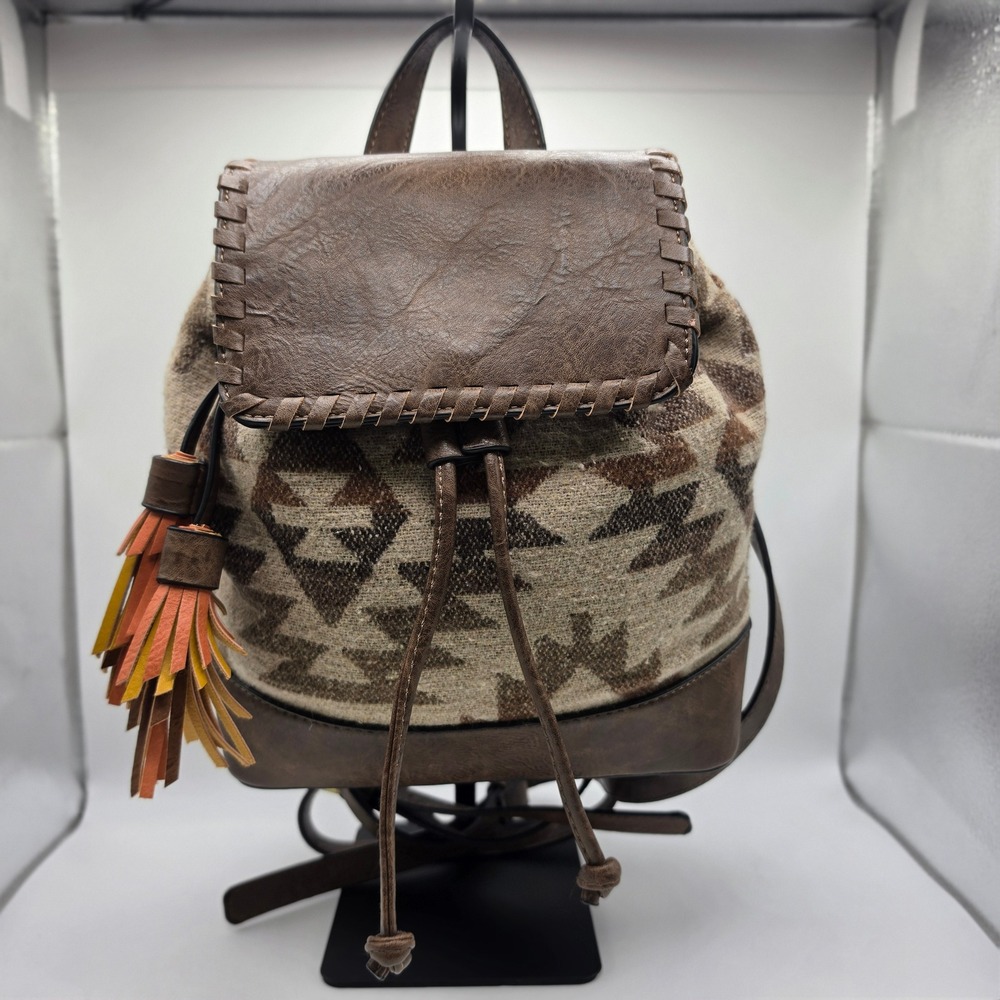 Boho Tassel Flap Bag Backpack Womens Small Brown Jen & Co Southwestern Tapestry